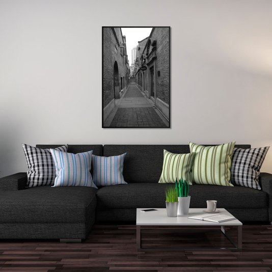 Quadro de Shangai Rua Centro Comercial Preto e Branco - Escolha o Tamanho