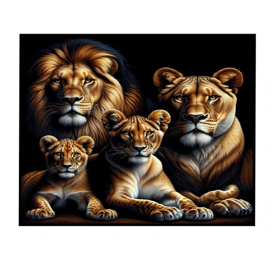 Quadro Decorativo a Força da  Família de Leões Majestosos com Moldura e Vidro