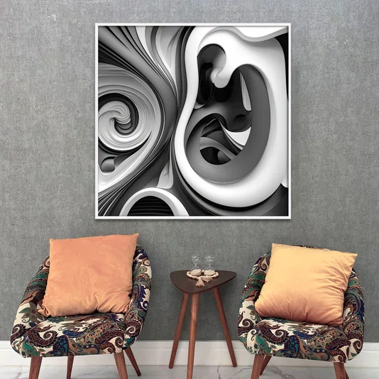 Quadro Decorativo Abstrato Espiral em Tons de Cinza com Moldura e Vidro