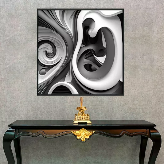 Quadro Decorativo Abstrato Espiral em Tons de Cinza com Moldura e Vidro