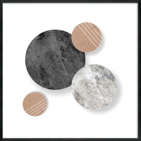 Quadro Decorativo Abstrato Moderno Círculos Texturizados com Moldura e Vidro