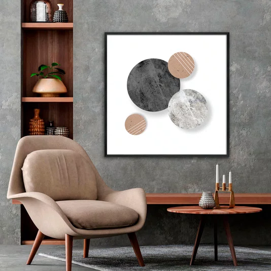 Quadro Decorativo Abstrato Moderno Círculos Texturizados com Moldura e Vidro