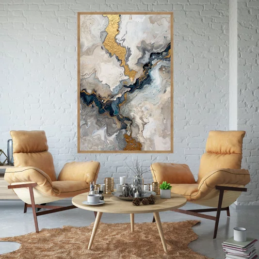 Quadro Decorativo Abstrato Tons Bege Azul e Dourado Arte Marmorizada Moderna