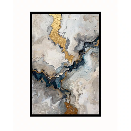 Quadro Decorativo Abstrato Tons Bege Azul e Dourado Arte Marmorizada Moderna