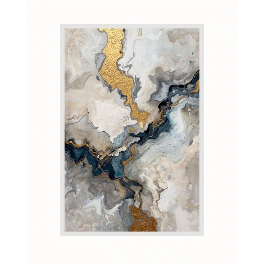 Quadro Decorativo Abstrato Tons Bege Azul e Dourado Arte Marmorizada Moderna
