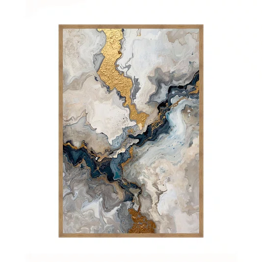 Quadro Decorativo Abstrato Tons Bege Azul e Dourado Arte Marmorizada Moderna