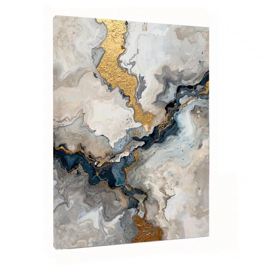 Quadro Decorativo Abstrato Tons Bege Azul e Dourado Arte Marmorizada Moderna
