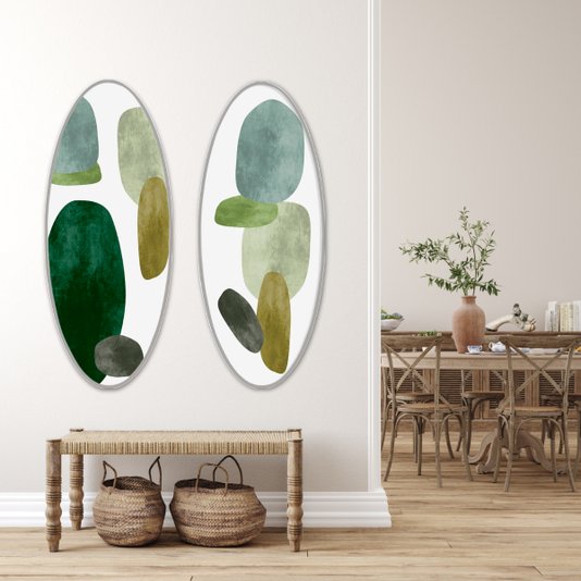 Quadro Decorativo Abstrato Tons Verde em MDF Prata: Formato Canoa