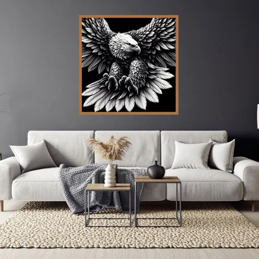 Quadro Decorativo Águia Predadora em Voo em Preto e Branco com Moldura e Vidro