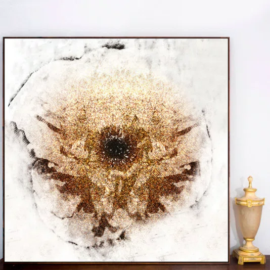 Quadro Decorativo Arte Abstrata Dourada Radiante Decoração Moderna 120x120 cm