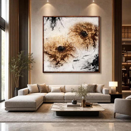 Quadro Decorativo Arte Moderna Abstrata Dourada Radiante Decoração Luxuosa 120x120 cm