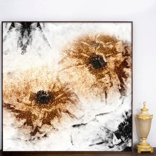 Quadro Decorativo Arte Moderna Abstrata Dourada Radiante Decoração Luxuosa 120x120 cm