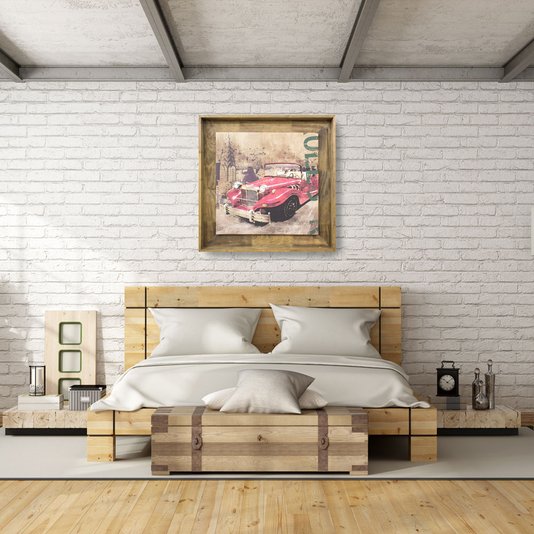 Quadro Decorativo Carro Antigo Vermelho Tela Emoldurada 80x80cm