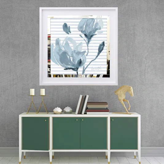 Quadro Decorativo com Espelho Arte Floral Flores Azuis 50x50 cm