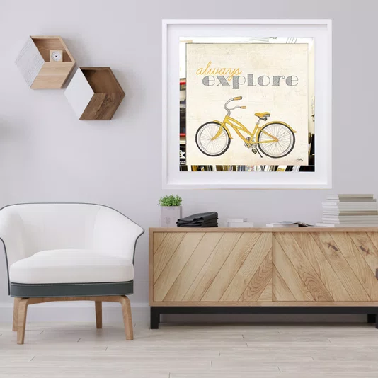 Quadro Decorativo com Espelho Bicicleta e Frase Sempre Explore 50x50 cm