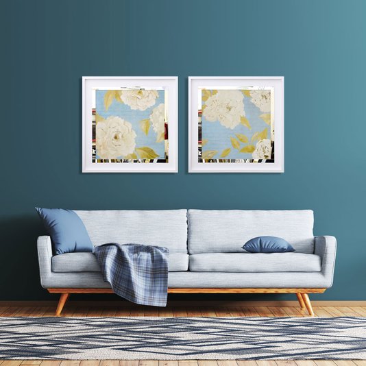 Quadro Decorativo com Espelho Floral Flores Brancas II - 80x80cm