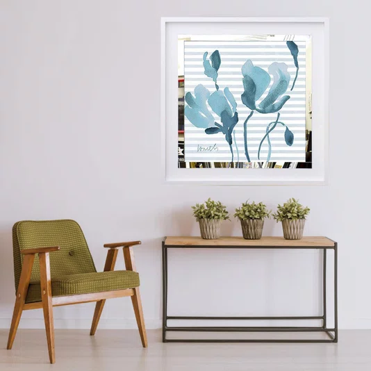 Quadro Decorativo com Espelho Flores Azuis em Fundo Listrado 50x50 cm