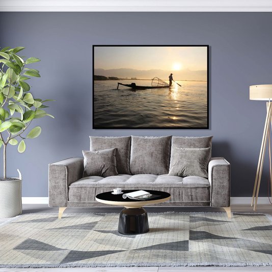 Quadro Decorativo com Impressão Personalizada Pescador ao Pôr do Sol