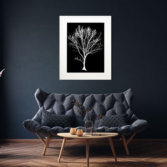 Quadro Decorativo com Moldura Branca Árvore Branca em Fundo Preto 80x100cm