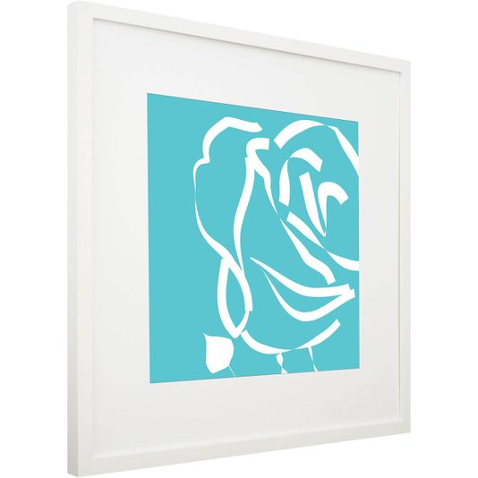 Quadro Decorativo com Moldura Branca Flor Branca em Fundo Azul 60x60cm