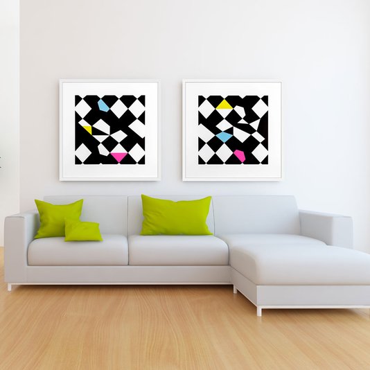 Quadro Decorativo com Moldura Branca Geométrico em Preto e Branco