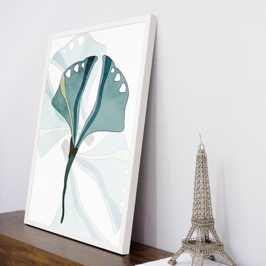 Quadro Decorativo com Moldura Branca Ilustração Folha em Tons de Verde 60x80cm
