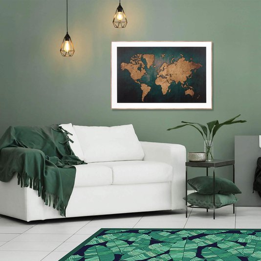 Quadro Decorativo com Moldura Bronze Mapa na Cor Marrom 90x60cm