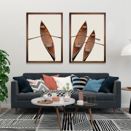 Quadro Decorativo Imagem Canoas com Moldura Chanfrada Marrom - Escolha o Tamanho
