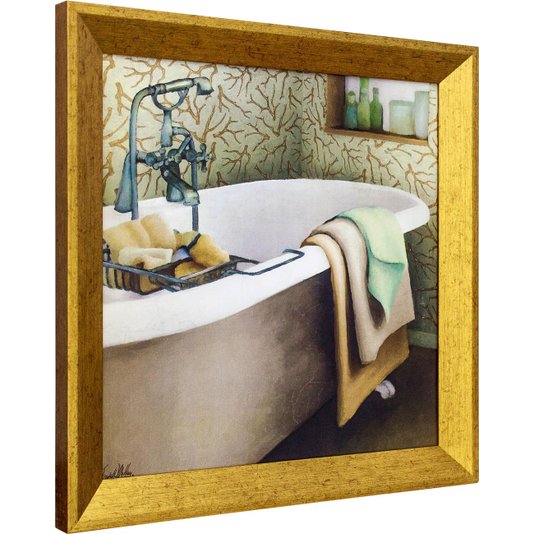 Quadro Decorativo com Moldura Dourada Banheira Branca com Toalhas 30x30cm