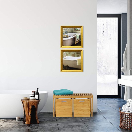 Quadro Decorativo com Moldura Dourada Banheira Branca com Toalhas 30x30cm