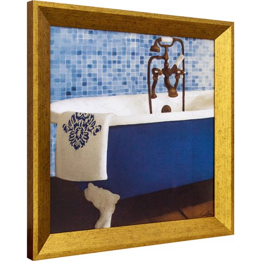 Quadro Decorativo com Moldura Dourada Banheira Branca e Azul com Toalha 30x30cm