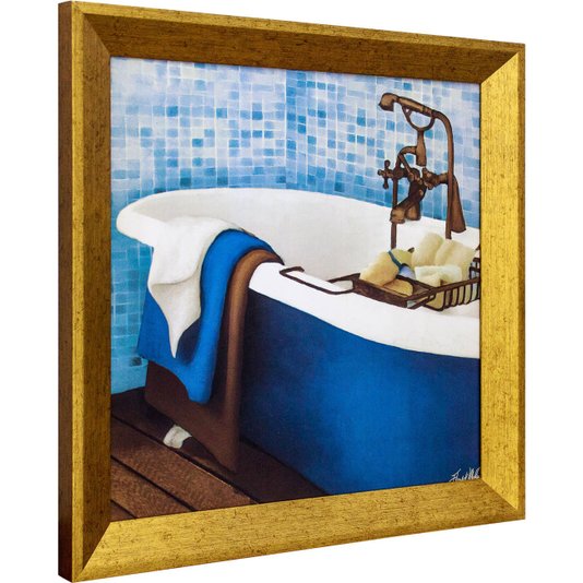 Quadro Decorativo com Moldura Dourada Banheira Branca e Azul com Toalhas Coloridas 30x30cm