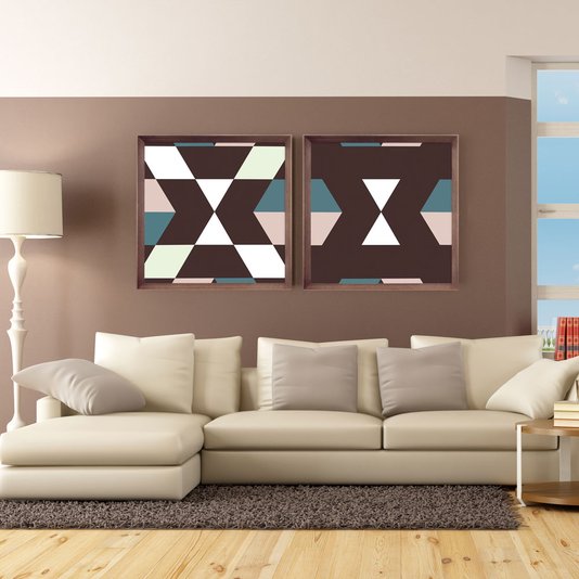 Quadro Decorativo com Moldura Marrom Chanfrada Arte Geométrica 75x75cm