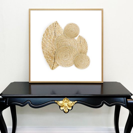 Quadro Decorativo com Moldura Natural Estilo Rústico Arte Objetos em Palha Trançada