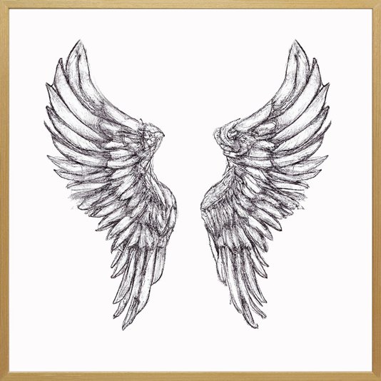 Quadro Decorativo com Moldura Natural Ilustração Asas de Anjo em Preto e Branco 90x90 cm