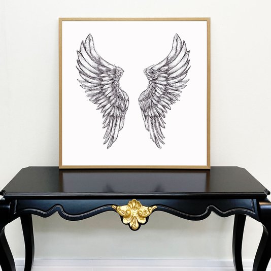 Quadro Decorativo com Moldura Natural Ilustração Asas de Anjo em Preto e Branco 90x90 cm