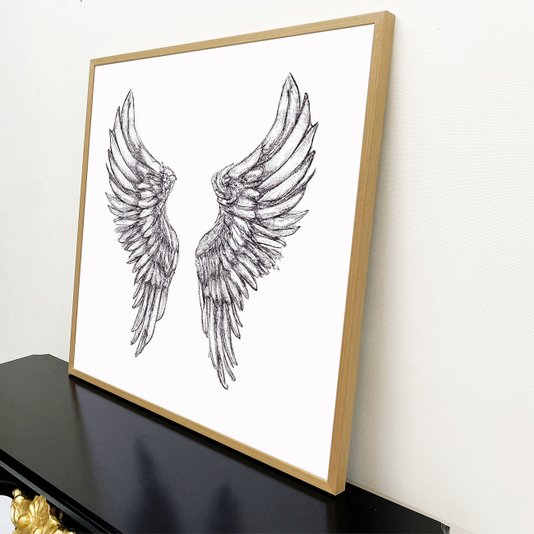 Quadro Decorativo com Moldura Natural Ilustração Asas de Anjo em Preto e Branco 90x90 cm