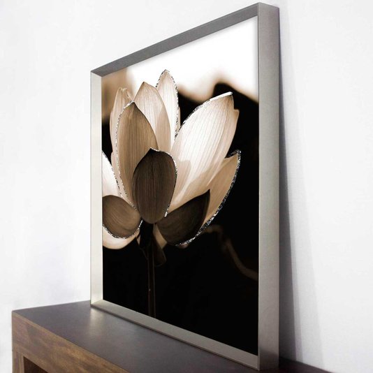 Quadro Decorativo com Moldura Prata Flor de Lótus Noturna em Sépia