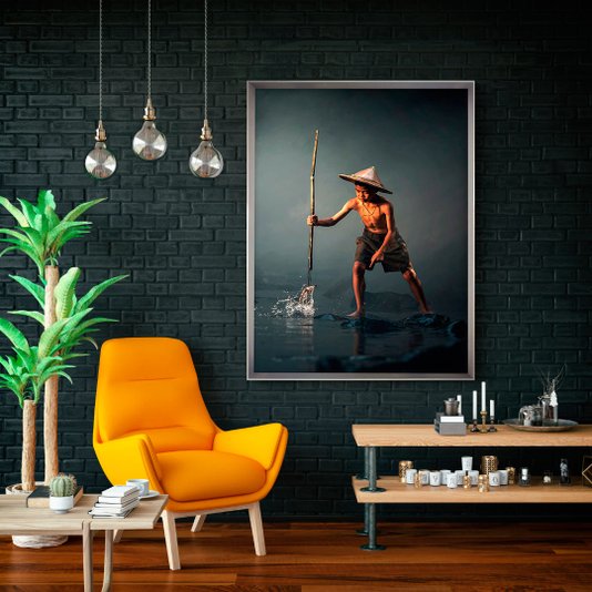 Quadro Grande Decorativo com Moldura Prata Paisagem Pescador Vietnamita