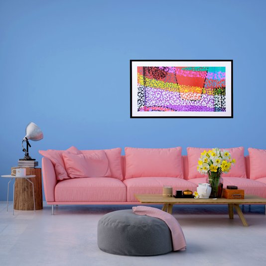 Quadro Decorativo com Moldura Preta Abstrato Colorido 130x70cm