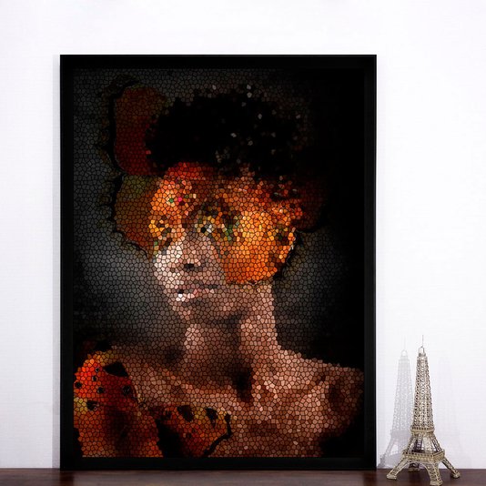 Quadro Decorativo com Moldura Preta Arte Africana com Textura Vitral