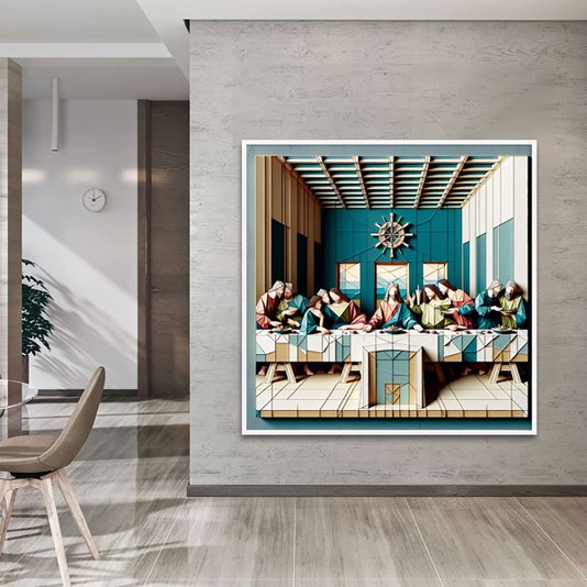 Quadro Decorativo com Moldura Branca Arte Geométrica Moderna da Santa Ceia