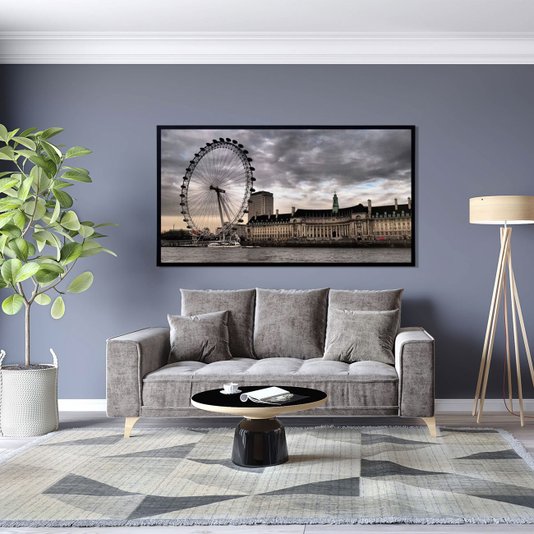 Quadro Decorativo com Moldura Preta Famosa Roda Gigante em Londres ao Entardecer 130x70cm