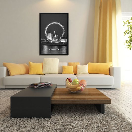 Quadro Decorativo com Moldura Preta London Eye em Preto e Branco 60x90cm