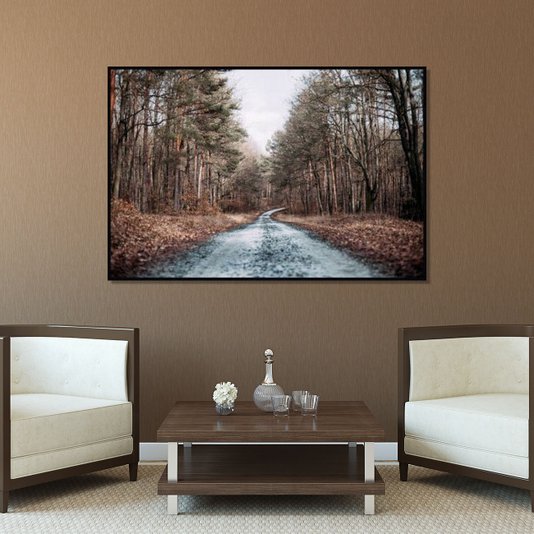 Quadro Decorativo com Moldura Preta Paisagem Estrada em Floresta 150x100cm