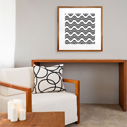Quadro Decorativo com Moldura Rústica em Preto e Branco Ondas 70x70cm