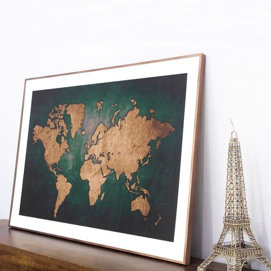 Quadro Decorativo com Moldura Bronze Mapa na Cor Marrom 90x60cm