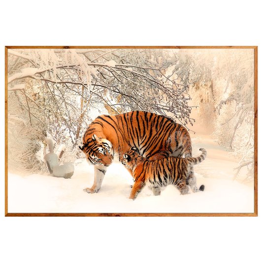 Quadro Decorativo com Moldura Rústica Tigres em Paisagem de Inverno 150x100cm