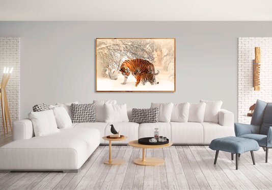 Quadro Decorativo com Moldura Rústica Tigres em Paisagem de Inverno 150x100cm