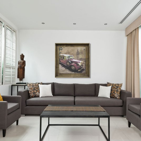 Quadro Decorativo com Strass Carro Antigo Vermelho Impressão Digital em Tela 80x80cm
